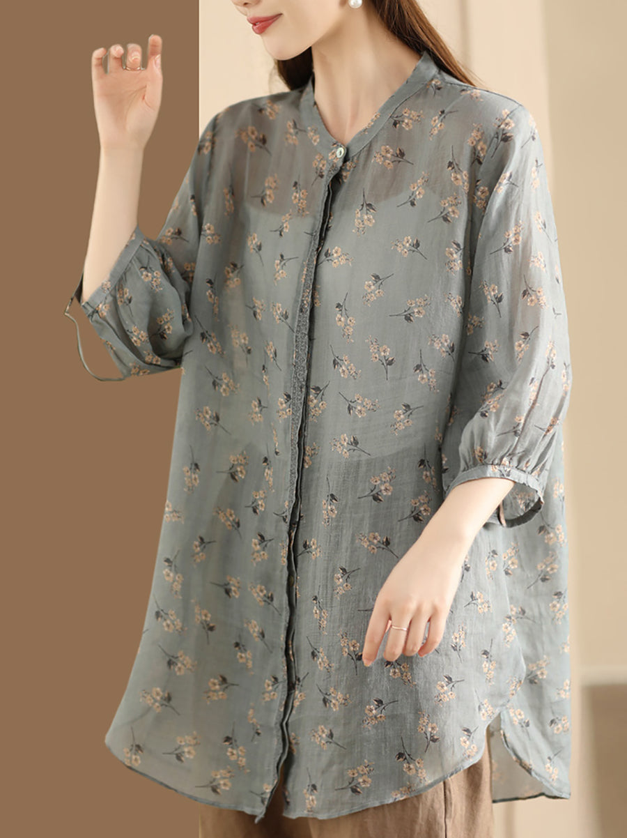 Women Summer Artsy Floral Spliced Ramie Long Shirt TY1024