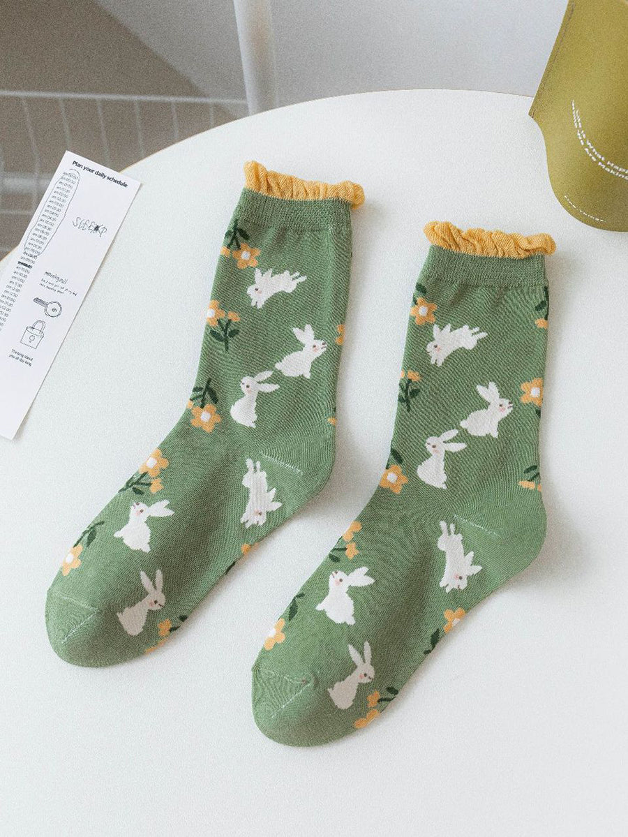 5 Paar Damen Artsy Flower Grüne Wadensocken IO1011