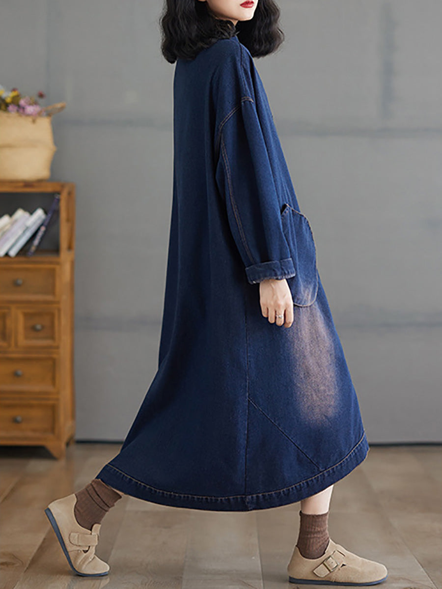 Women Autumn Worn V-Neck Washed Denim Long Coat AX1080