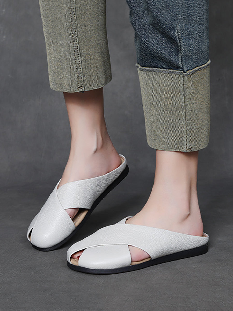 Women Summer Solid Leather X-Spliced Flat Slippers UI1032