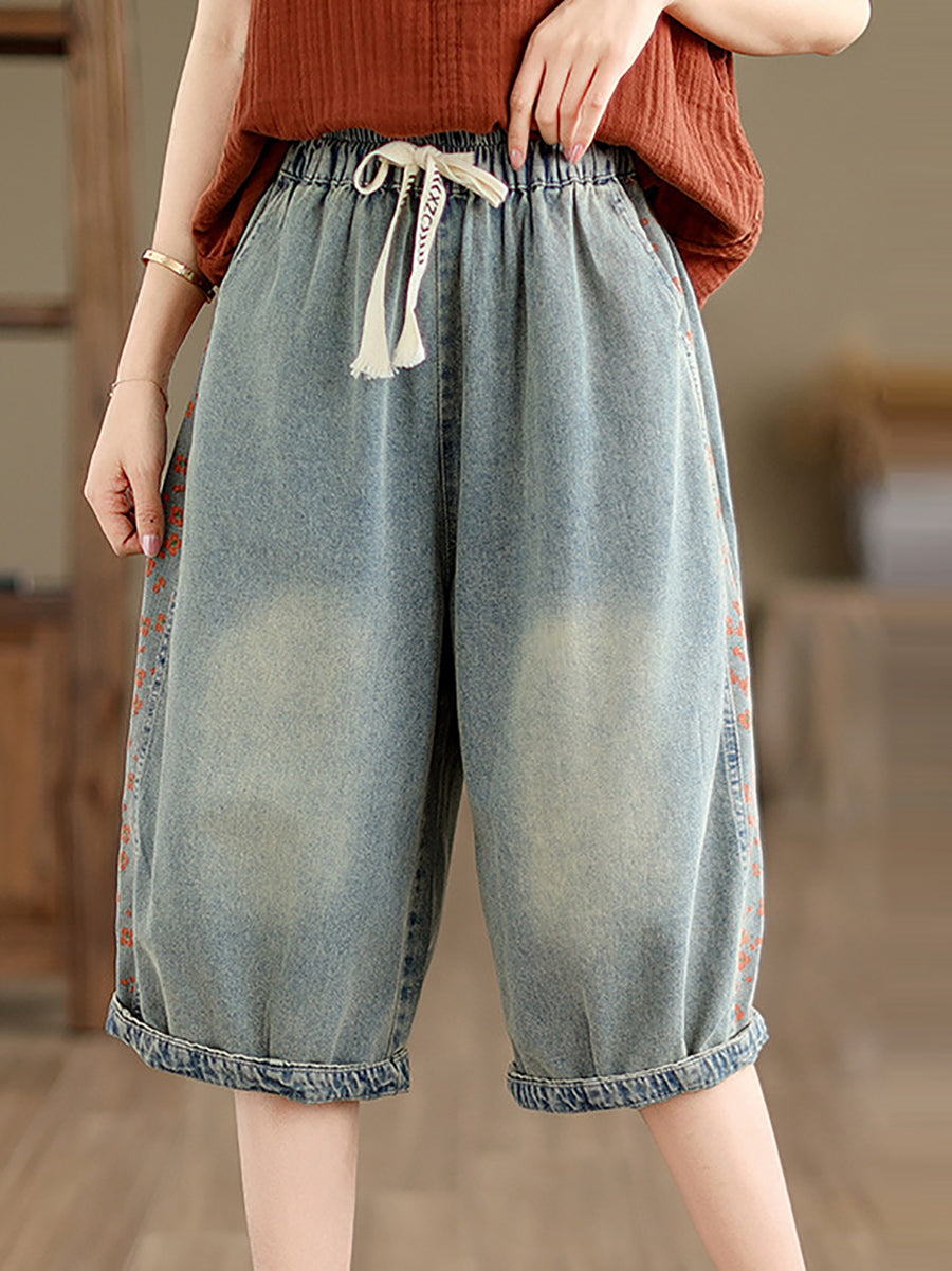 Women Summer Spliced Washed Denim Knee Length Pants OP1039