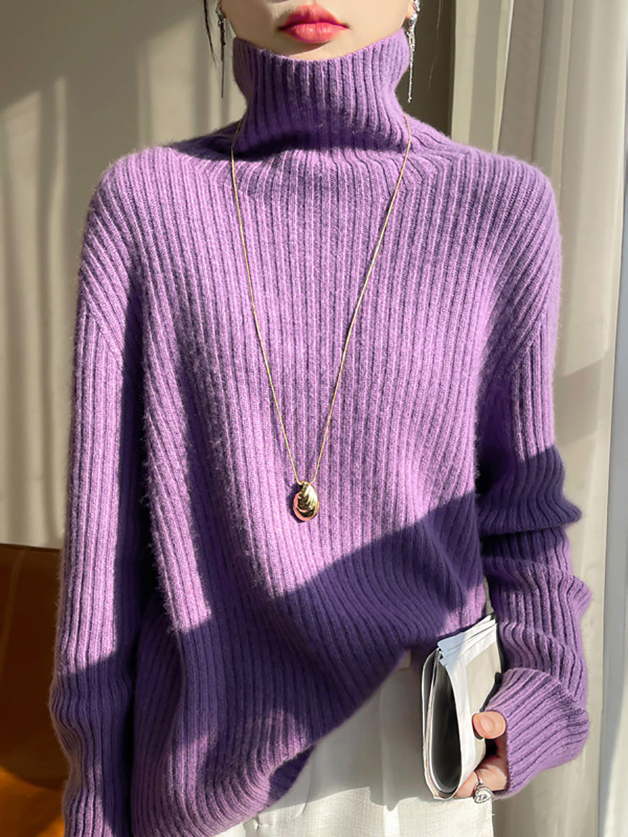 Women Autumn Casual Solid Turtleneck Wool Knit Sweater AX1086