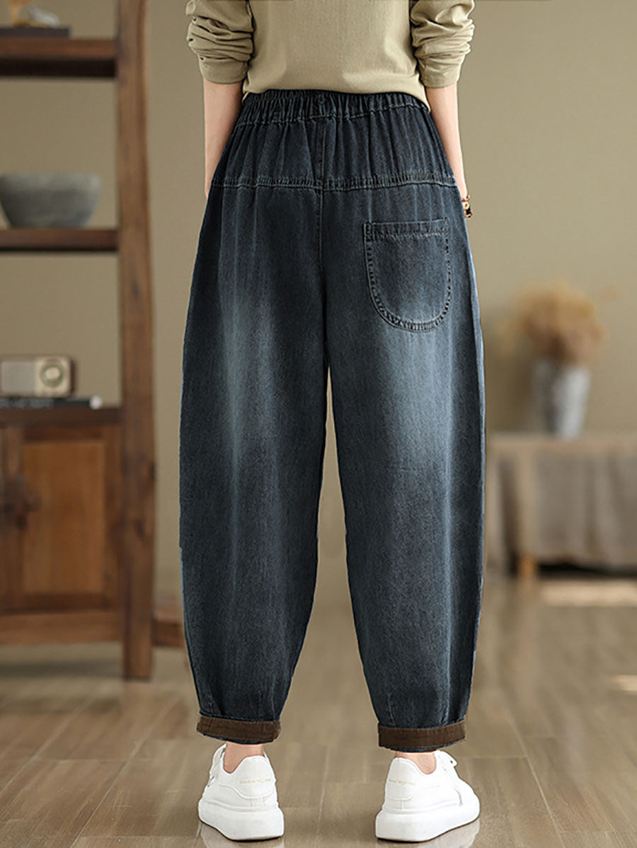 Women Autumn Casual Cat Patch Spliced Denim Harem Pants AV1004