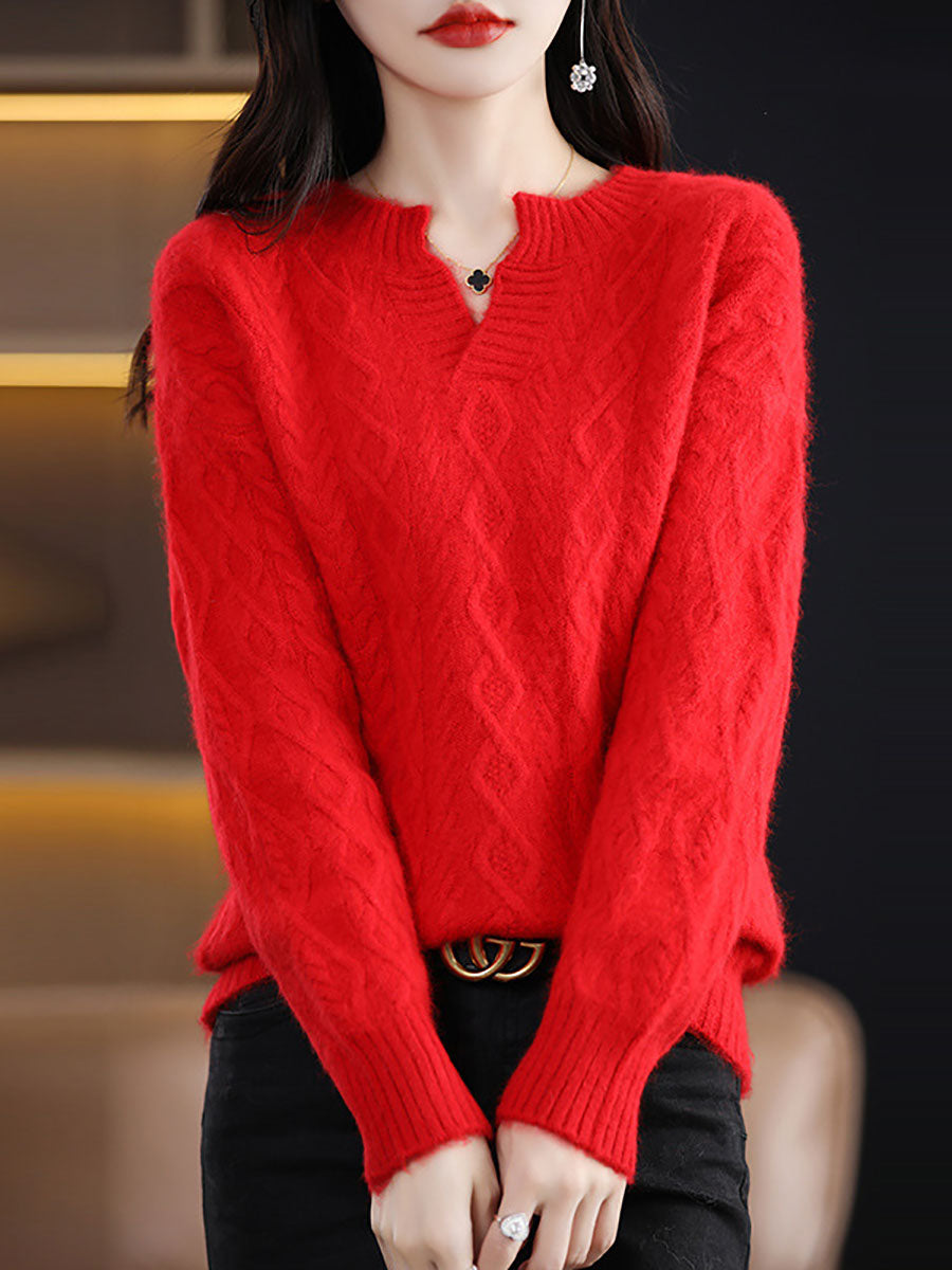 Women Autumn V-Neck Wool Twist Knit Sweater AX1030