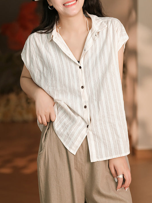 Women Summer Casual Stripe Button-up Cotton Shirt LL043