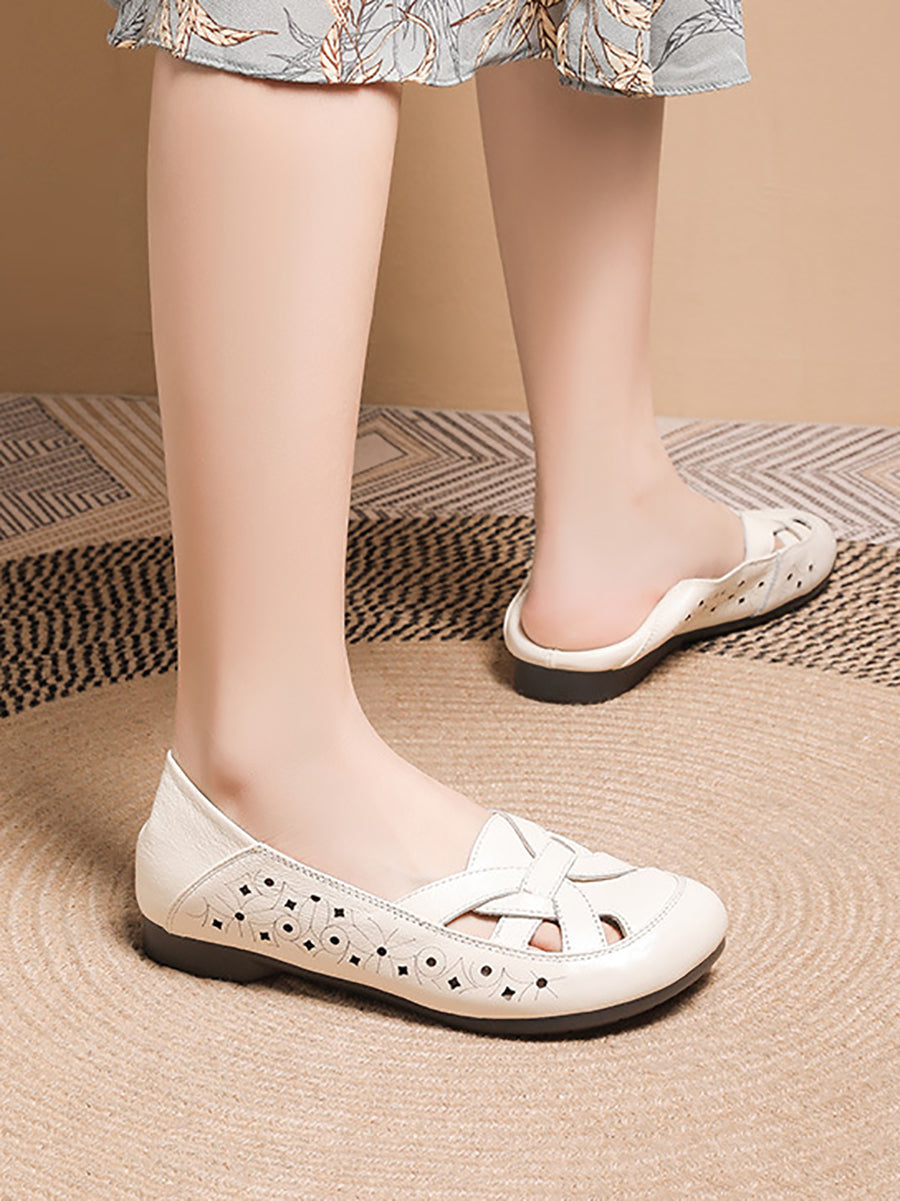 Women Summer Casual Leather Cutout Soft Flat Shoes AS1017