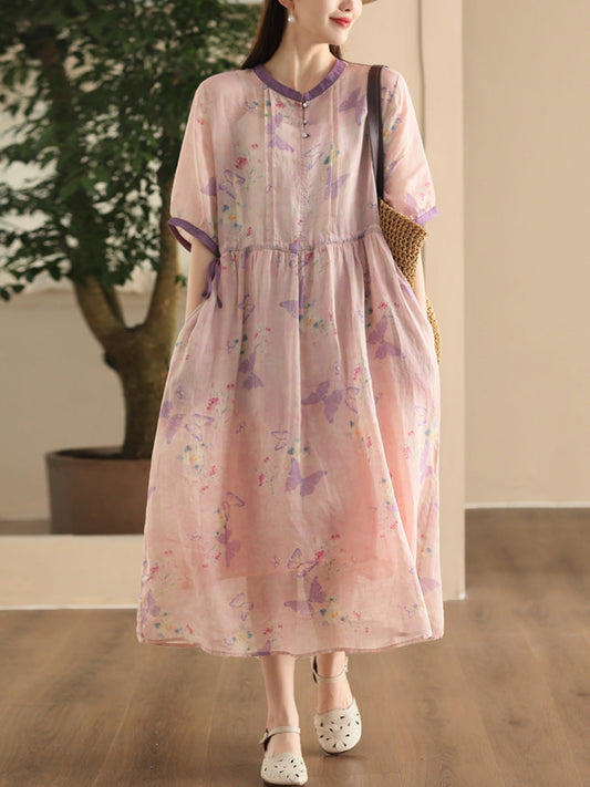 Robe d'été vintage à bretelles florales en ramie pour femmes CX008