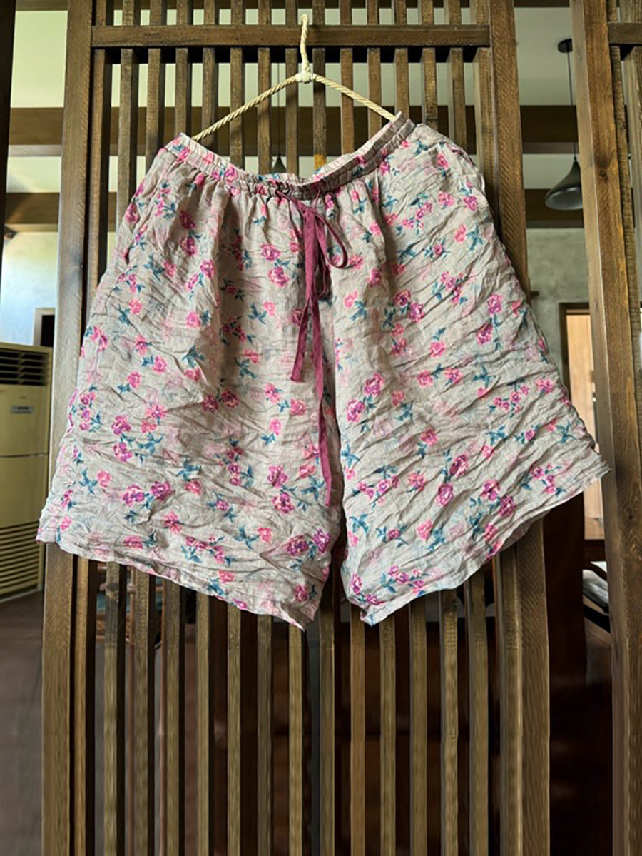 Short ample en ramie à fleurs vintage pour femme RR1024 