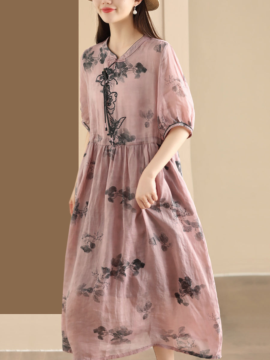 Women Summer Vintage Butterfly Embroidery Ramie Dress PP1036