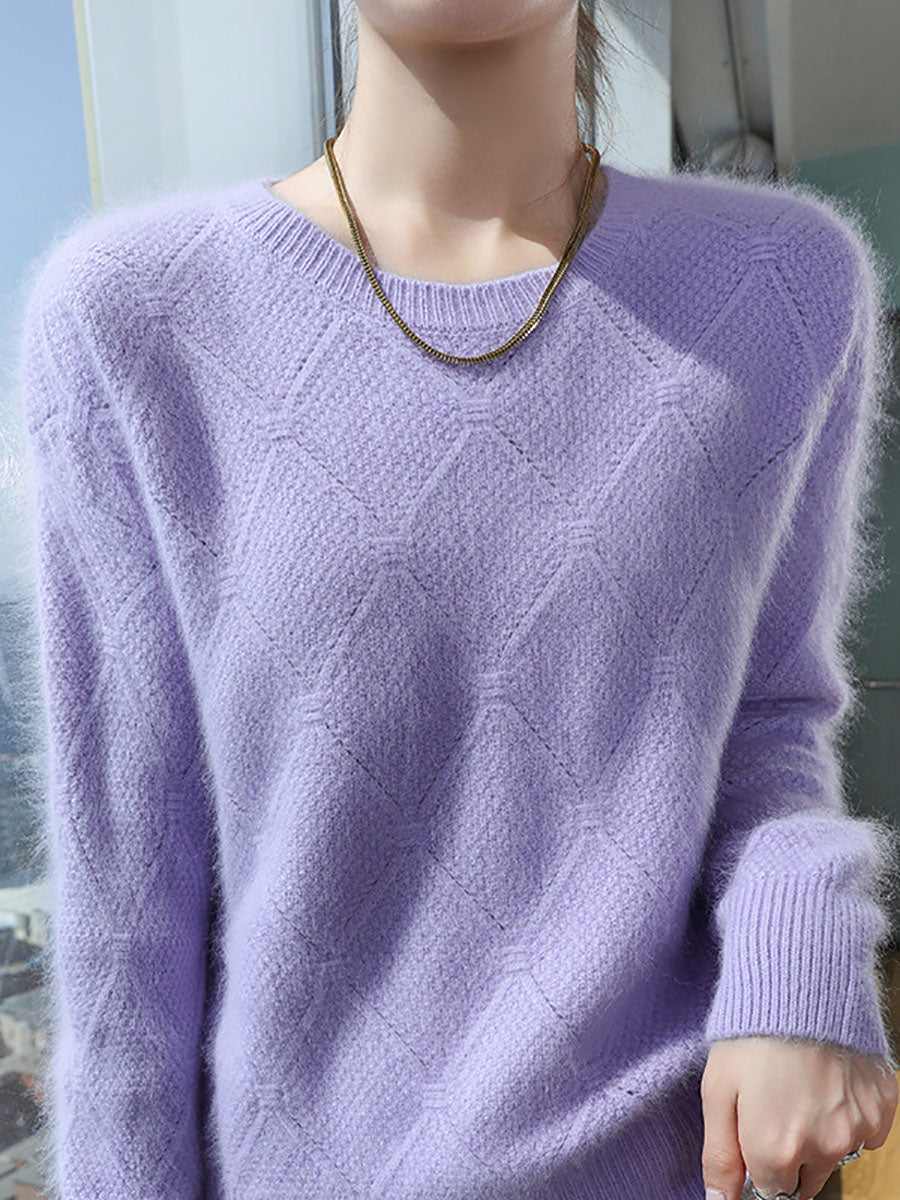 Women Autumn O-Neck Solid Rhomboids Wool Warm Knit Sweater AV1010