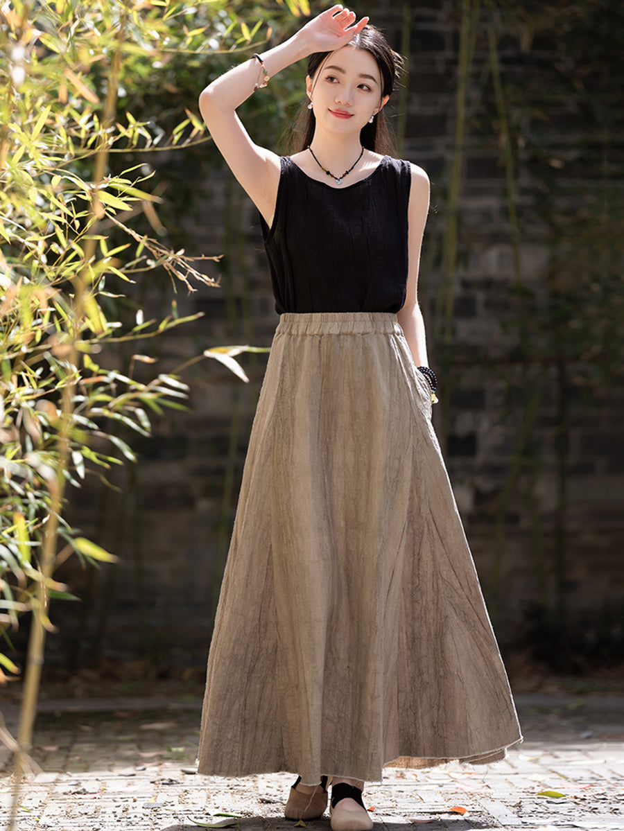 Women Summer Solid Vintage Linen A-Shape Skirt OO1003