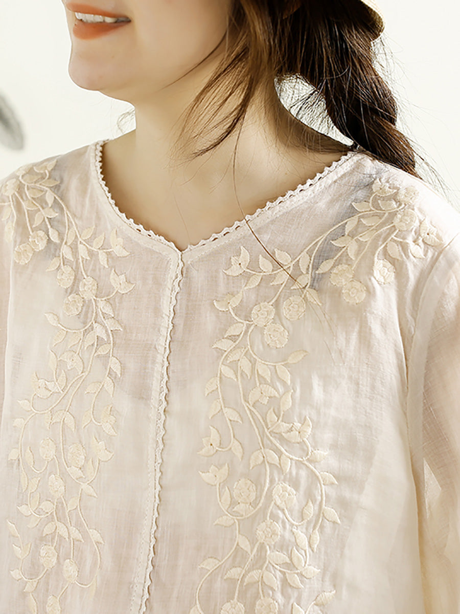 Women Summer Artsy Embroidery V-Neck Ramie Shirt PP1020