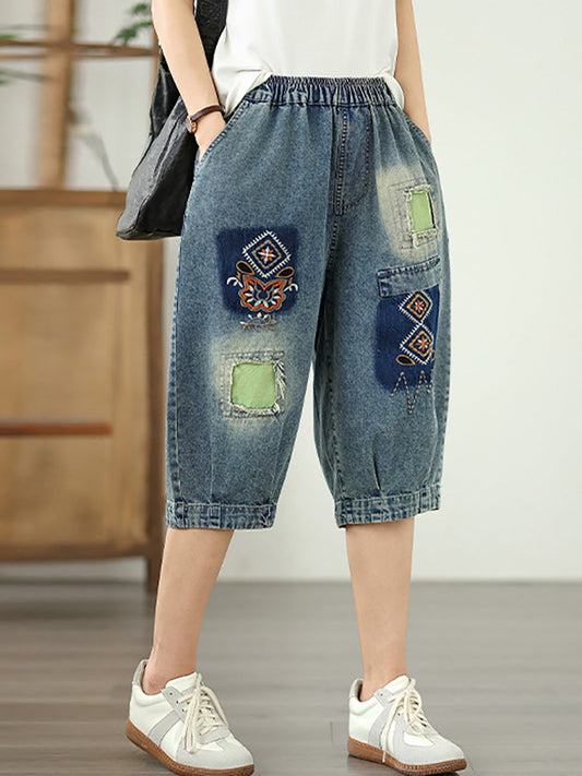 Flower Denim Patchwork Retro Fifth Women Embroidery Pants