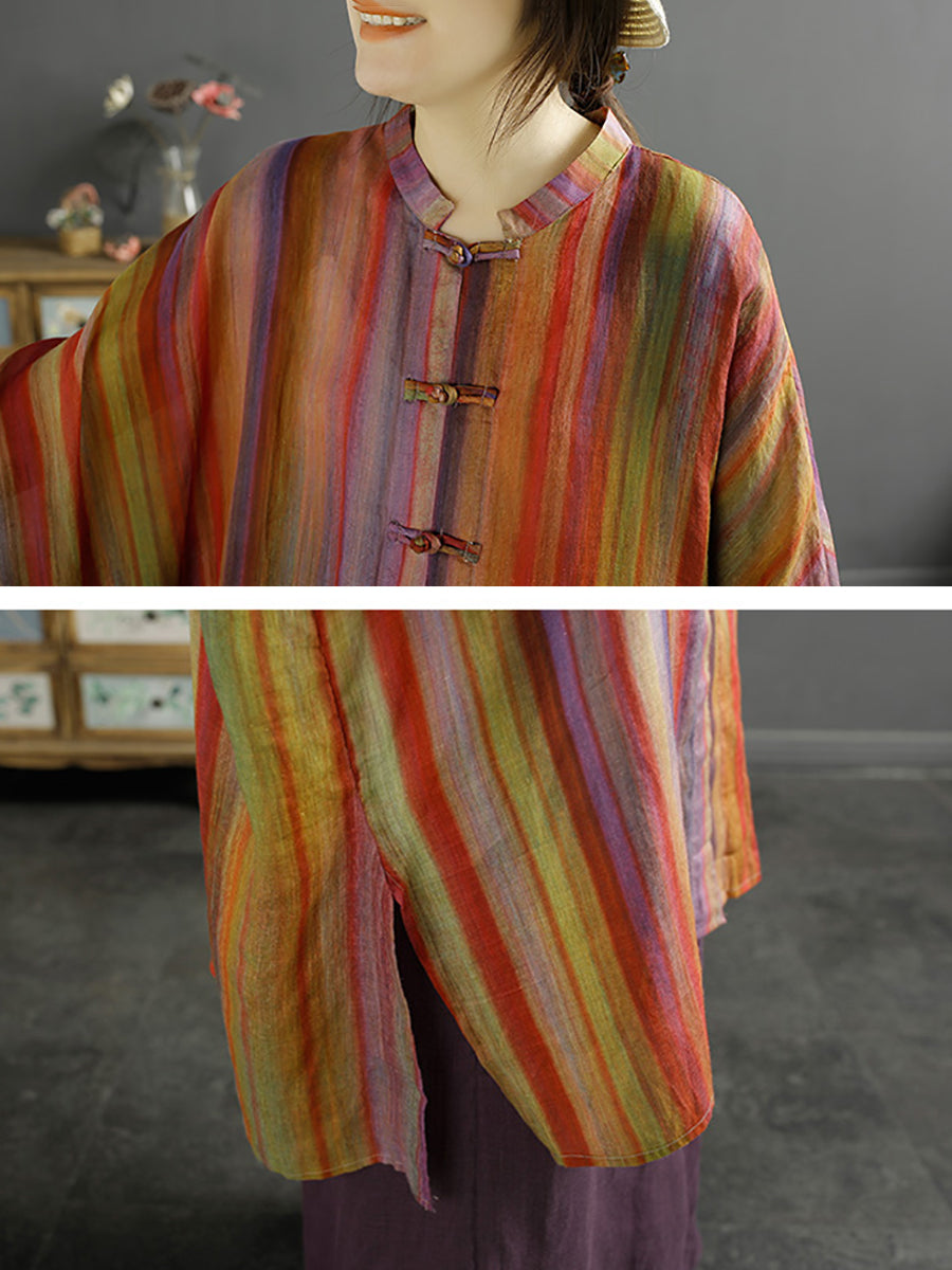 Plus Size Women Summer Stripe Button-up 100%Ramie Shirt Coat KL1032