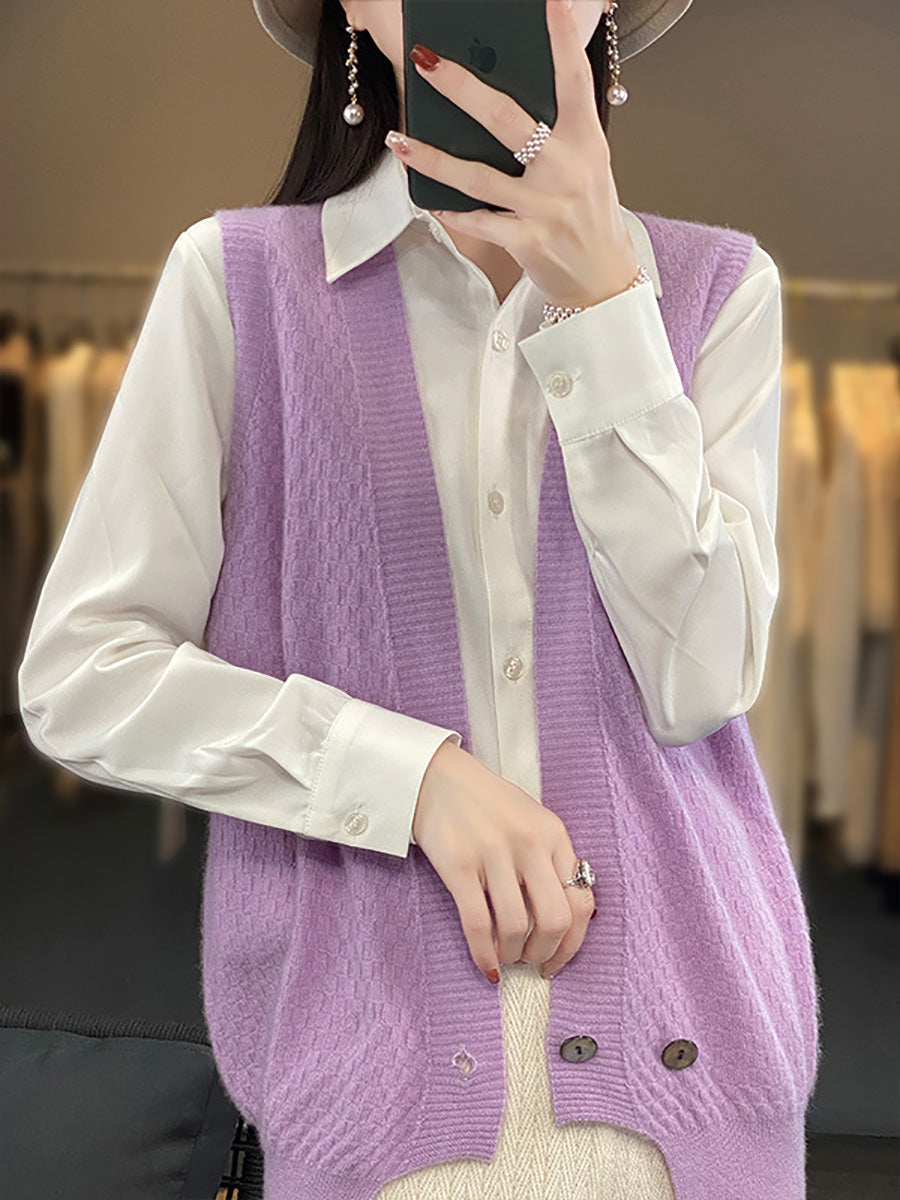 Women Casual Wool Solid V-Neck Irregular Hem Knit Vest AX1079