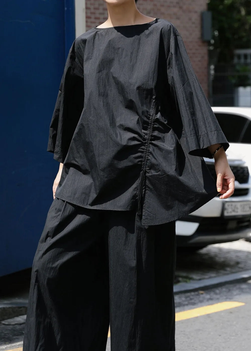 Cotton Asymmetrical Casual Sleeve Half Khaki Drawstring Top