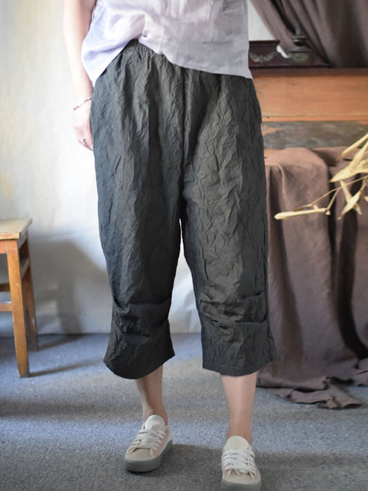 Women Summer Vintage Solid Loose Cotton Calf-Length Pants CV1042