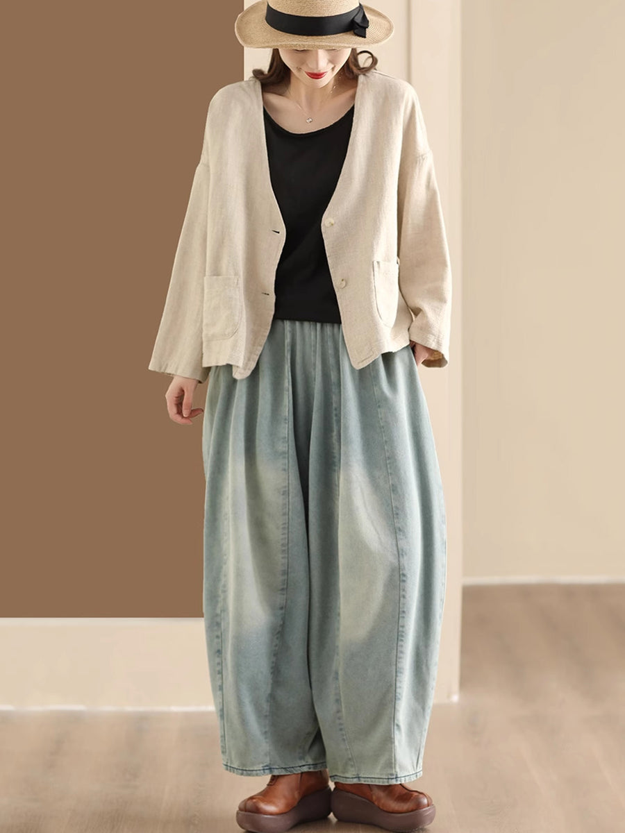 Women Vintage Washed Spliced Denim Wide-leg Pants QW1007