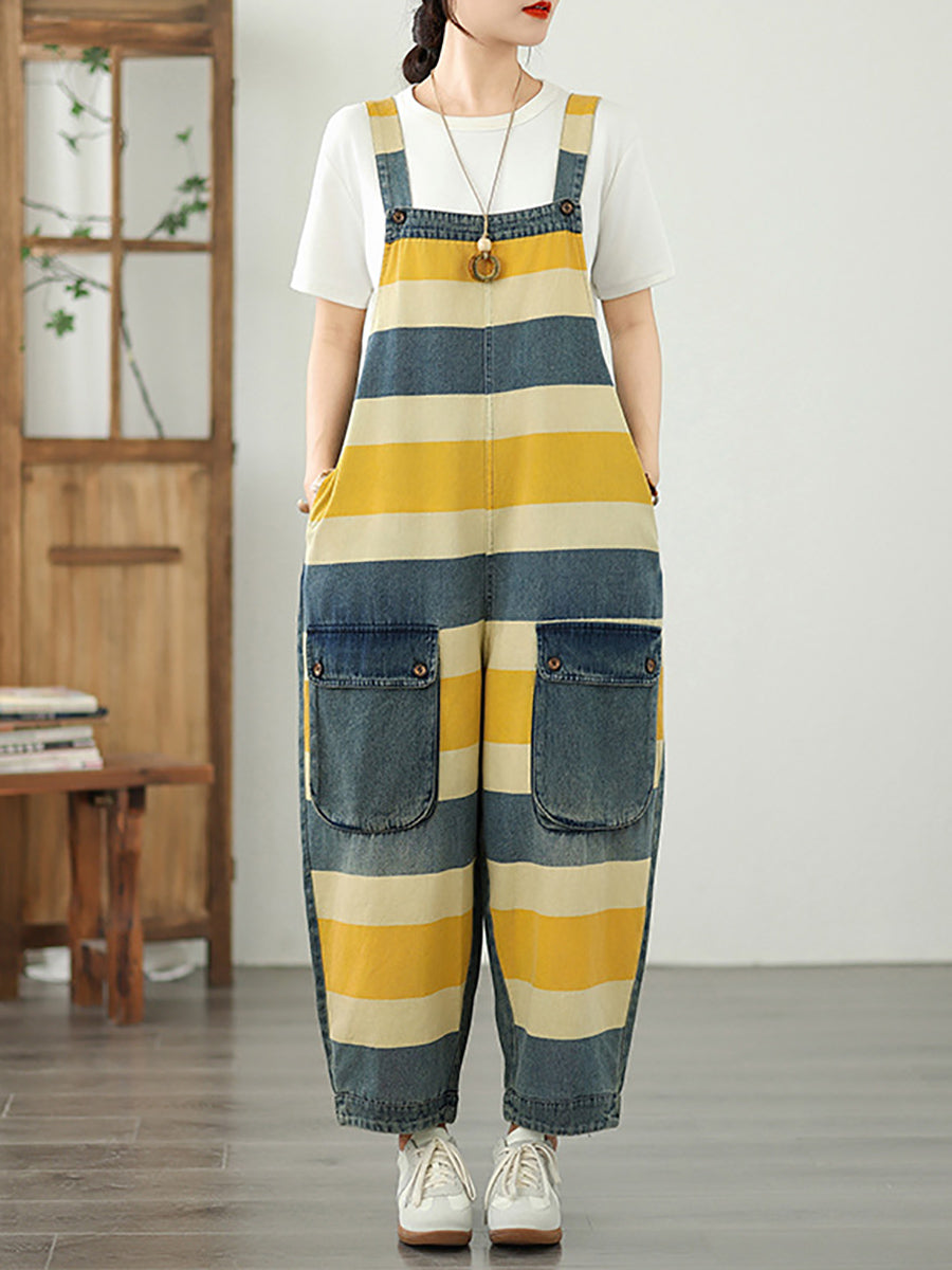 Jumpsuits Stripe Colorblock Summer Women Denim Loose