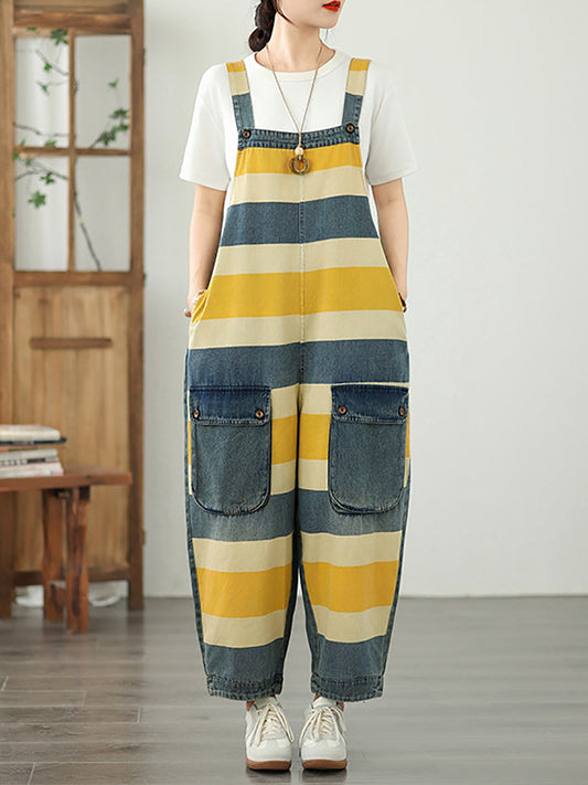 Jumpsuits Stripe Colorblock Summer Women Denim Loose