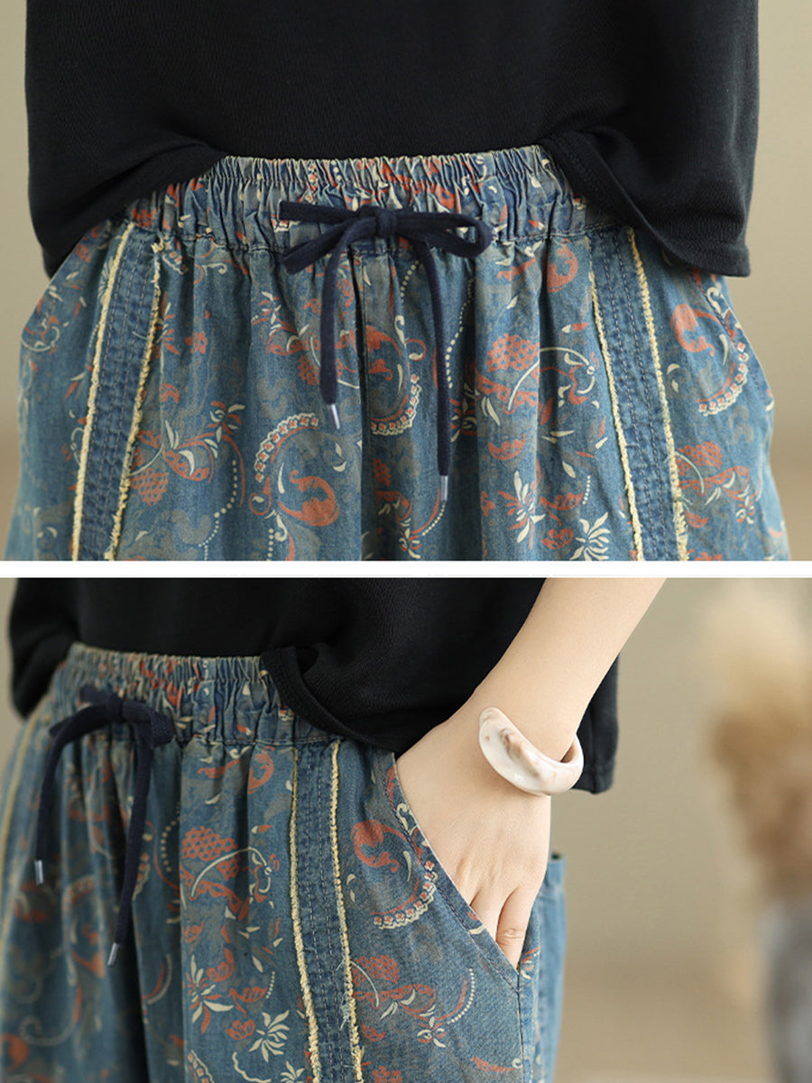 Women Patchwork Flower Denim Pants Harem Retro