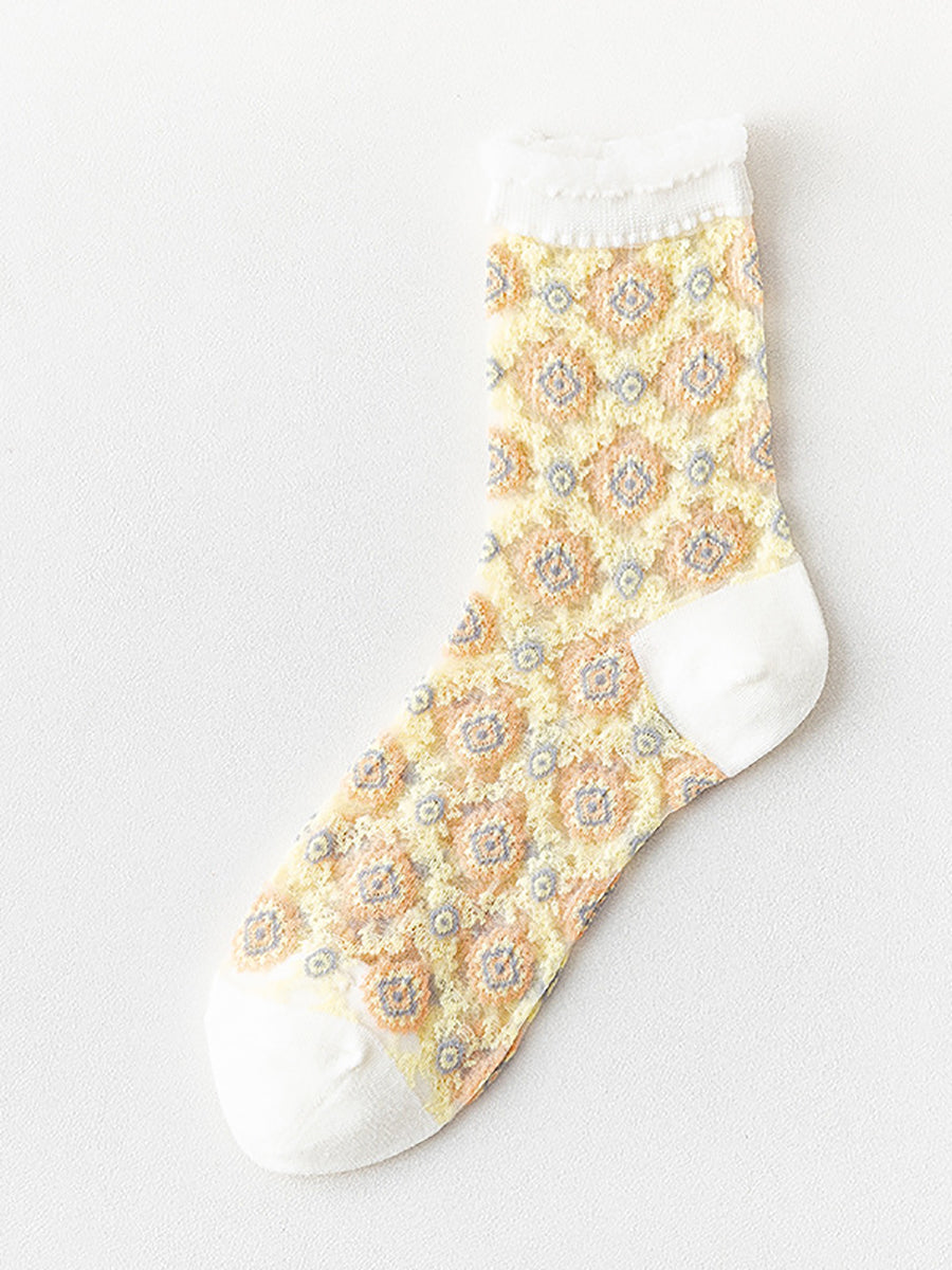 5 Paar Damen Blumen Jacquard Spitzensocken AS1010