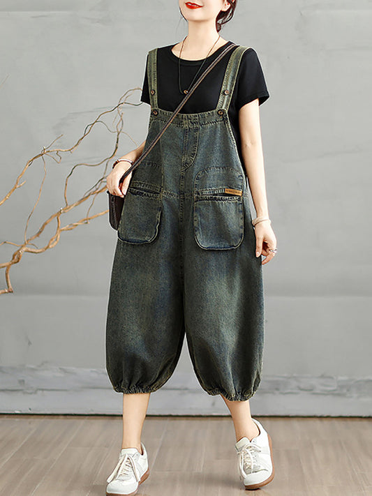 Summer Worn Women Cropped Color Denim Jumpsuits Pure