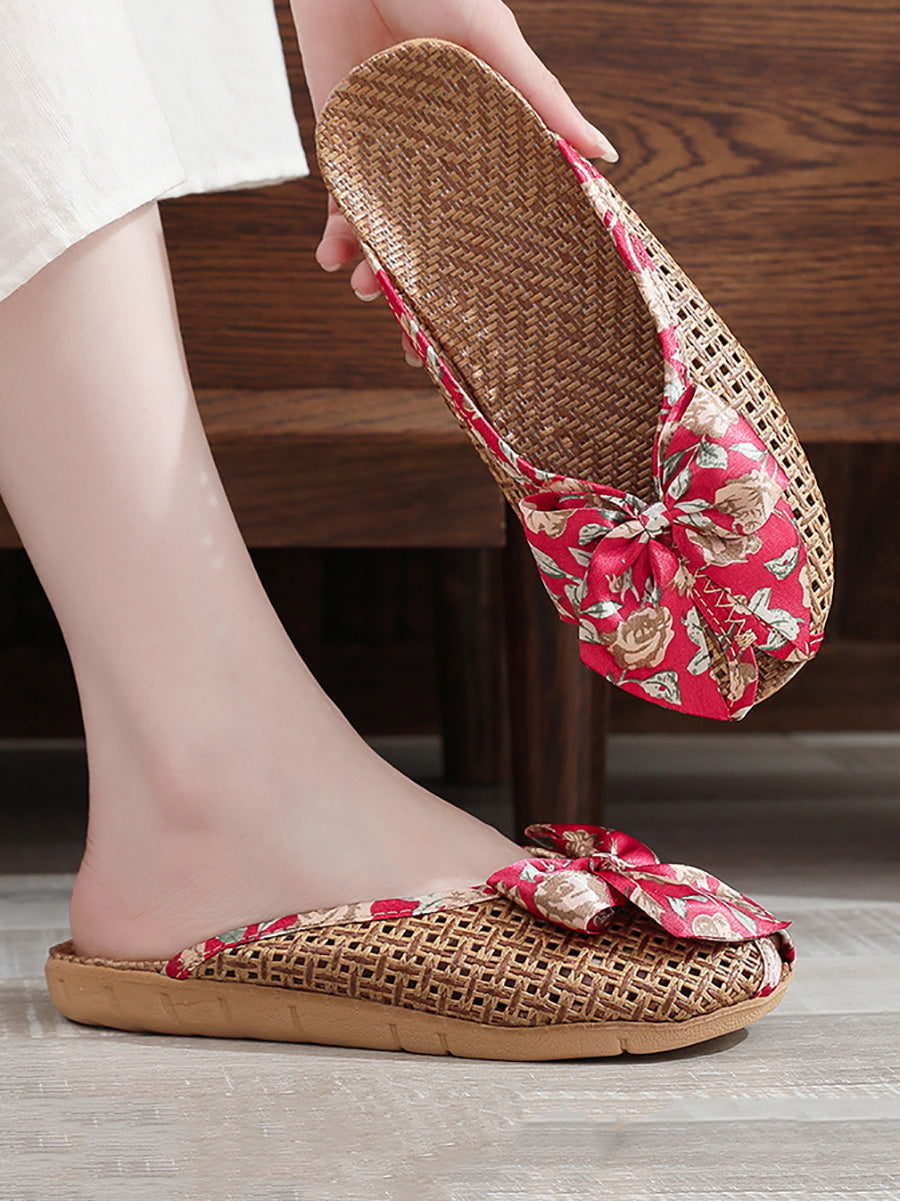 Indoor Weave Slippers Women Straw Flower Ethnic Bowknot