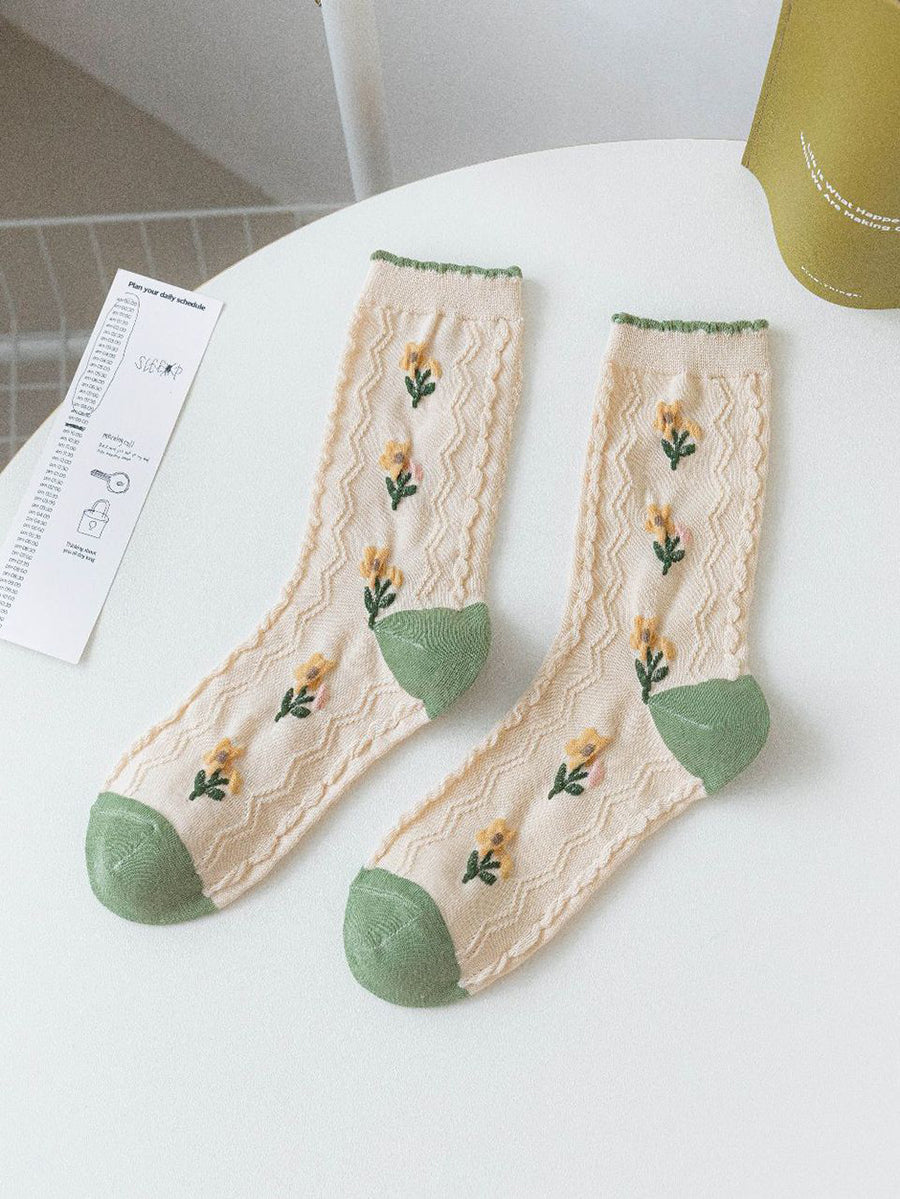 5 Paar Damen Artsy Flower Grüne Wadensocken IO1011