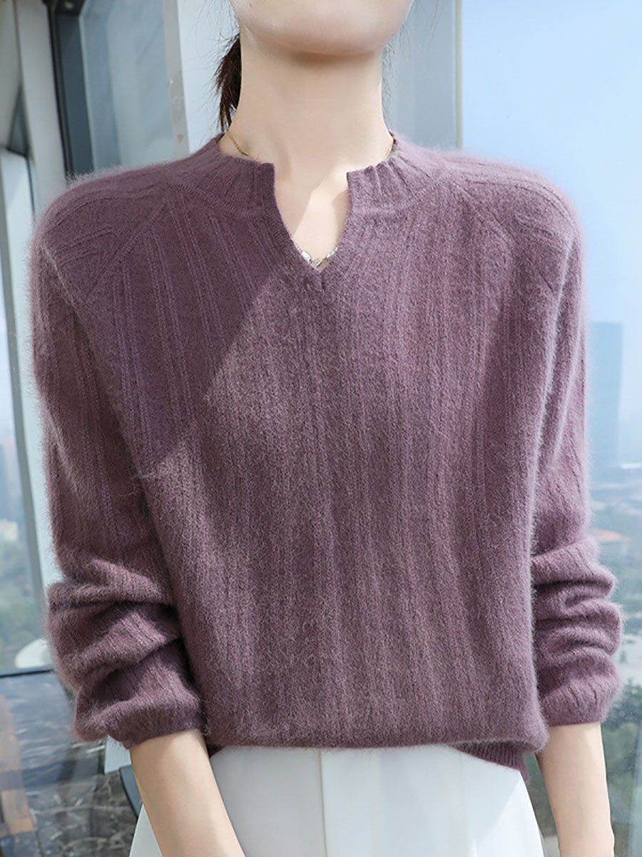 Women Autumn V-Neck Solid Wool Warm Knit Sweater AV1013