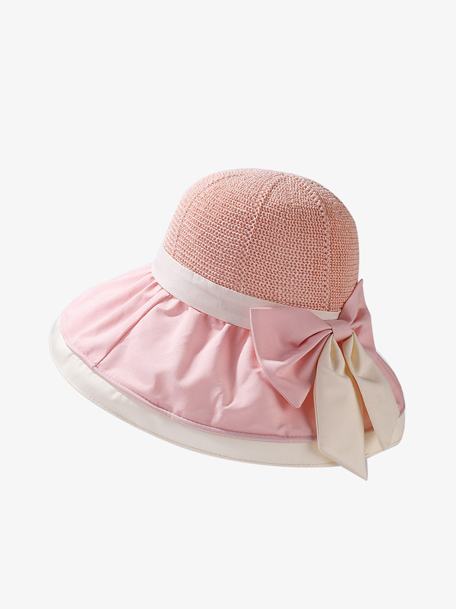 Women Summer Colorblock Large Brim Bowknot Hat WE1003