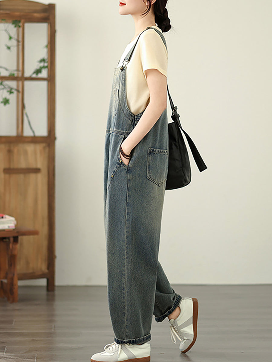Women Pure Straight Summer Jumpsuits Color Denim Casual
