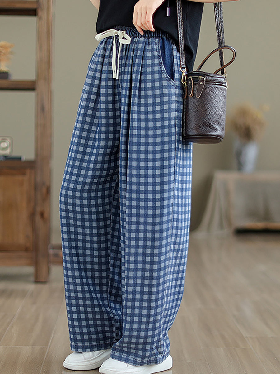 Women Summer Casual Plaid Wide-leg Cotton Pants OP1028