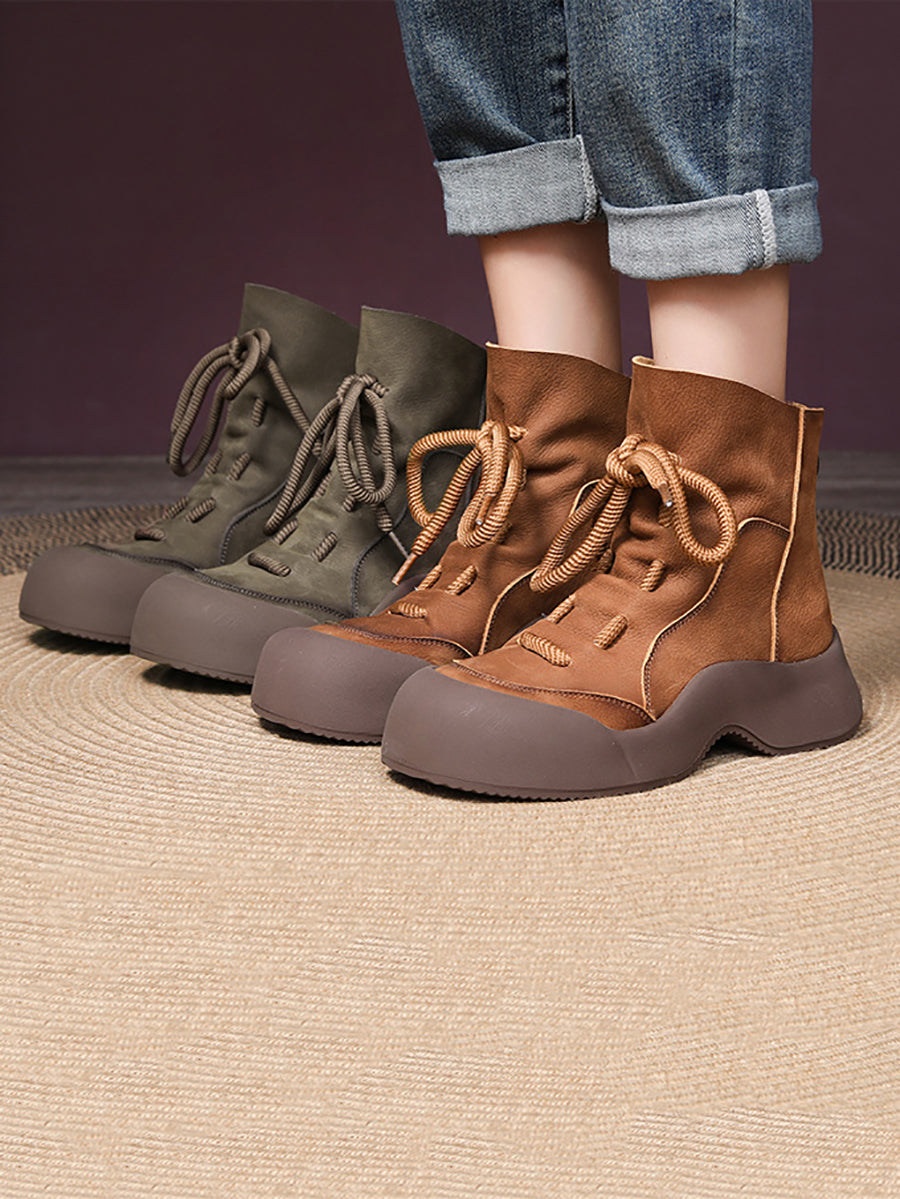 Women Winter Vintage Soft Leather Spliced Platform Boots WG001