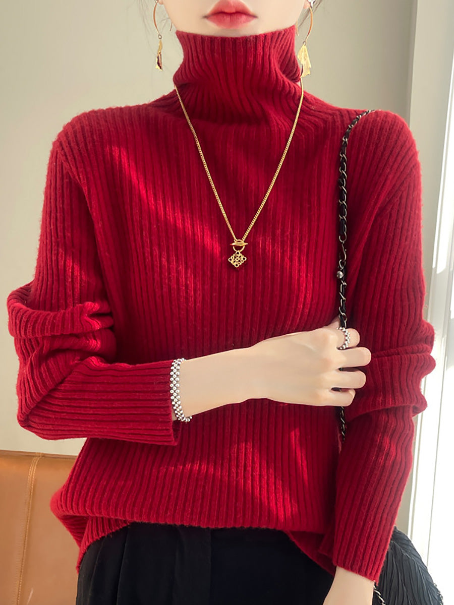 Women Autumn Casual Solid Turtleneck Wool Knit Sweater AX1086