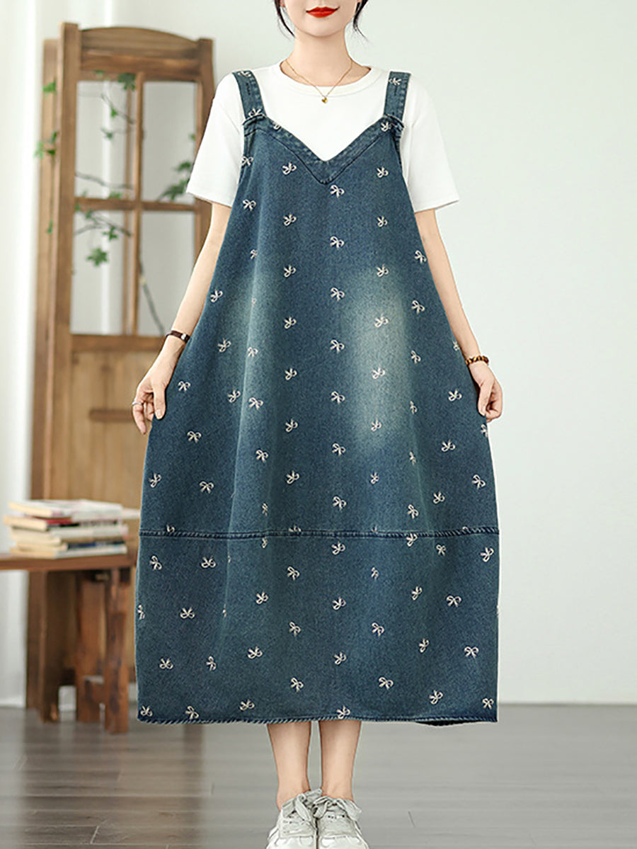 Summer Women Overall Denim Embroidery Dress Bowknot