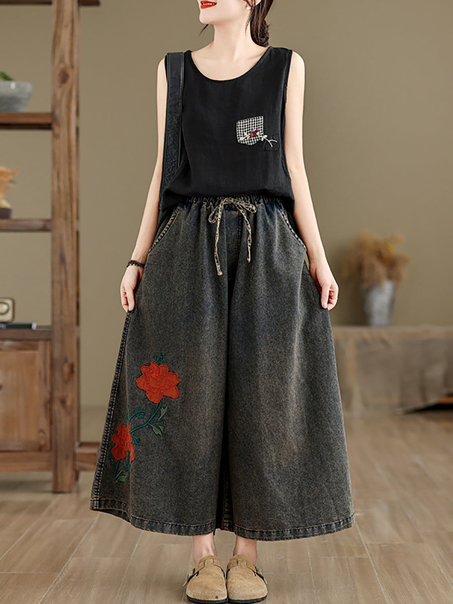 Women Summer Vintage Flower Denim Wide-leg Pants OP1010