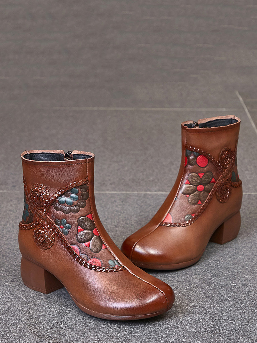 Women Ethnic Winter Flower Spliced Leather Mid-Heel Boots AI1013