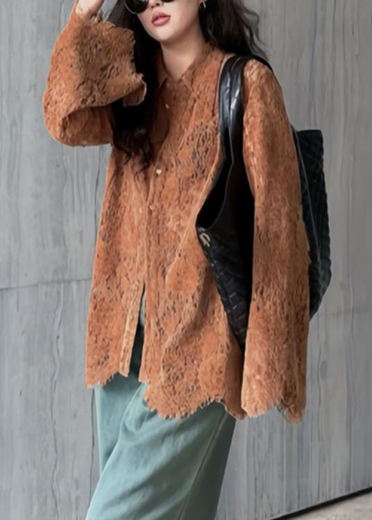 Peter Collar Coffee Flare Shirts Top Lace Fashion Pan Sleeve