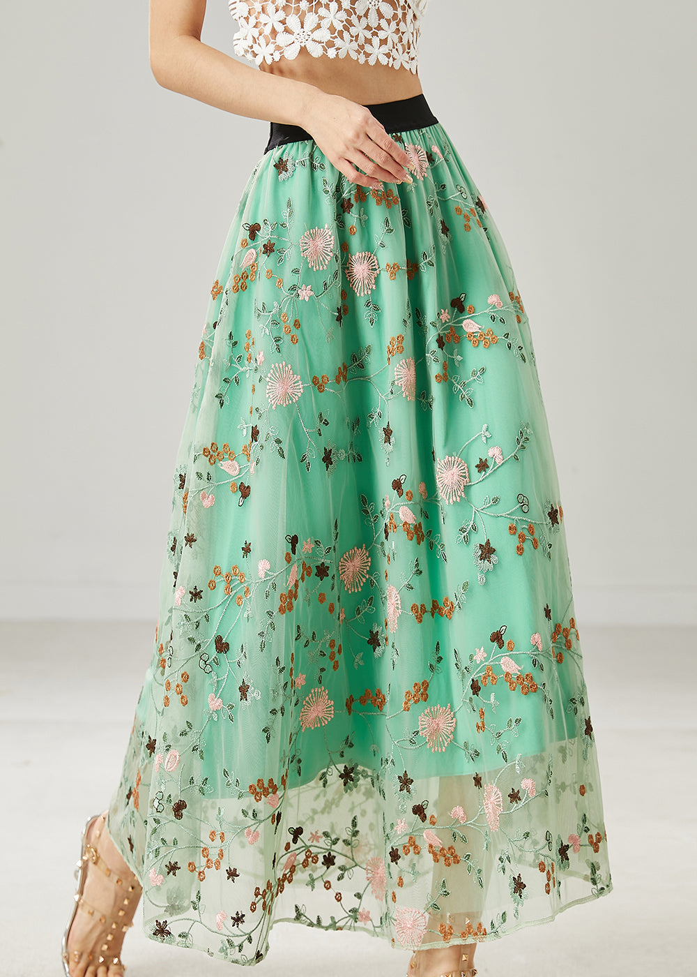 Italian Green Embroidered Tulle Skirts Summer AZ1044