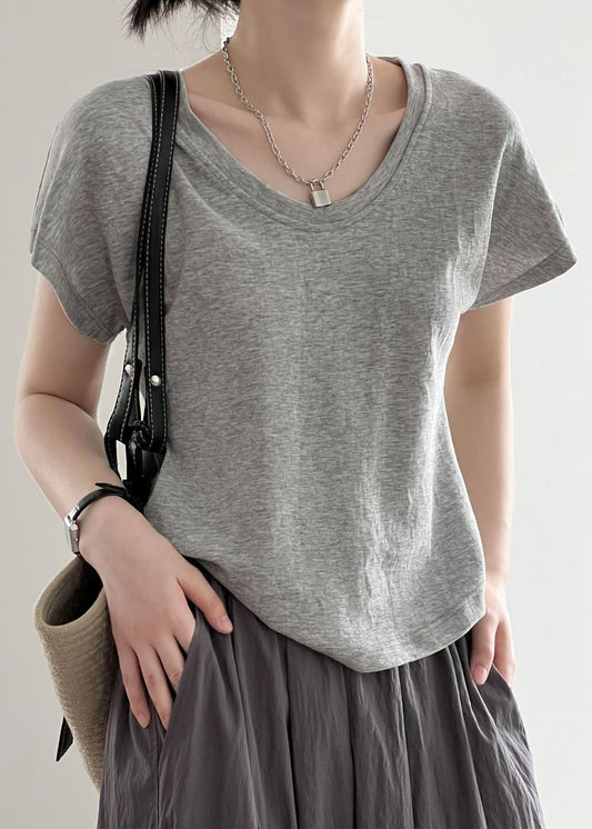 Shirt Neck Top Cotton O T Short Sleeve Grey Solid