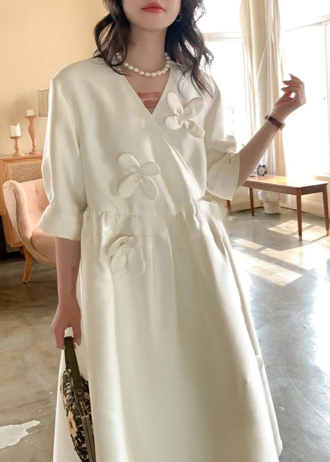 Neck Long Dress White Floral Chic Lace Cotton Summer Up V