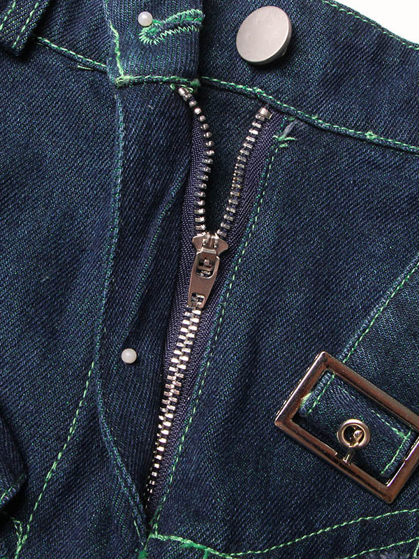 Denim A-Line Green Belted Skirt High Tulle Waisted Shiny Chic