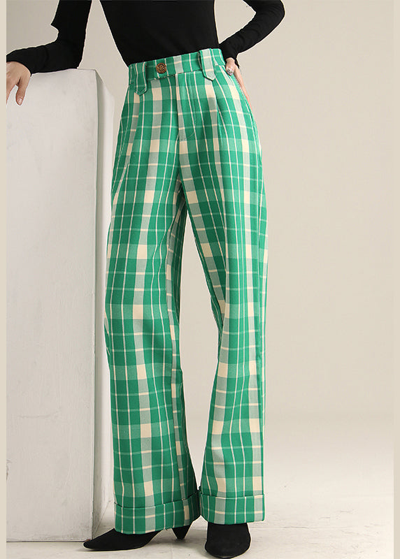 Bohemian Green Plaid high waist straight pants Spring TT1019