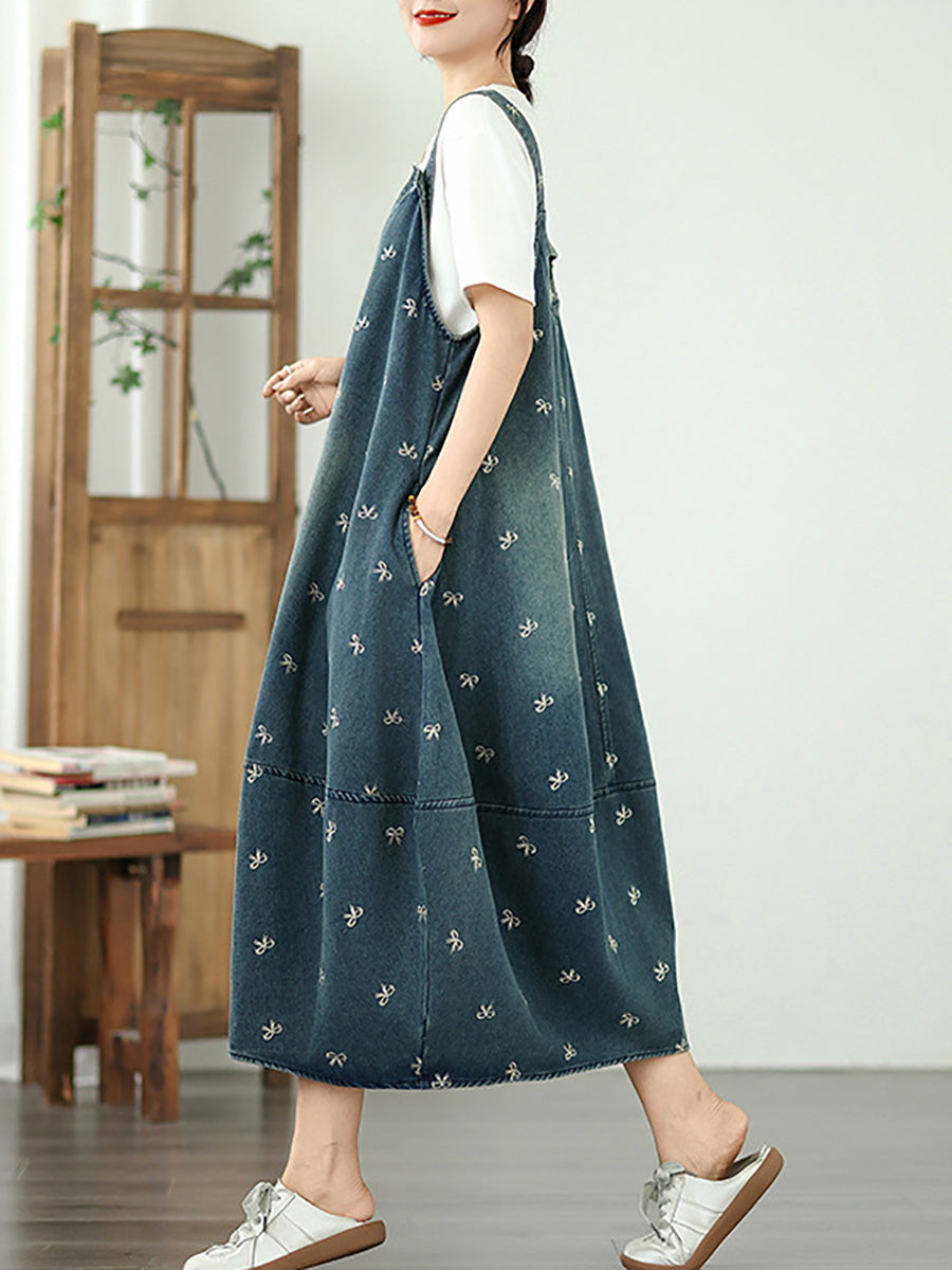 Summer Women Overall Denim Embroidery Dress Bowknot