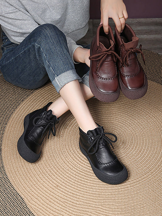 Women Retro Genuine Leather Spliced Strap Flat Boots WG006