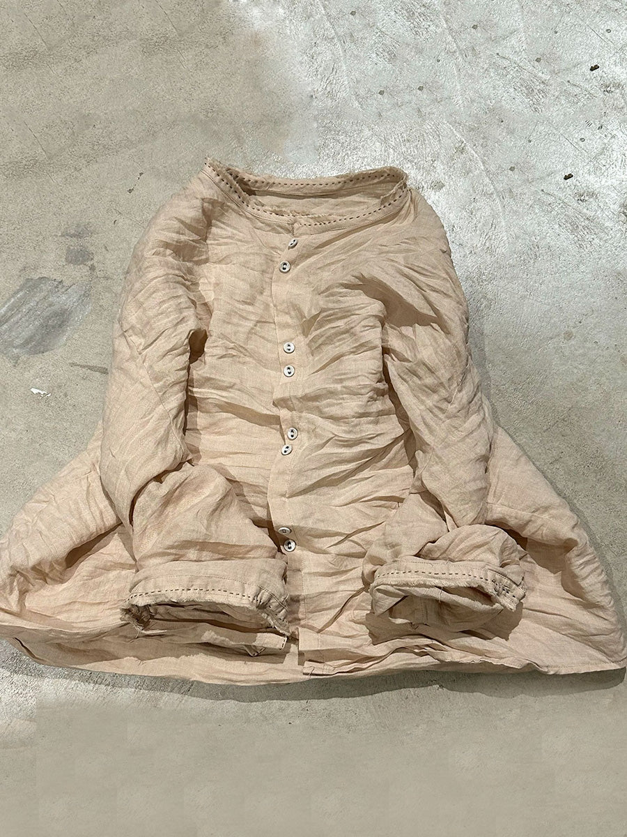 Blouse Vintage Women Collar Stand Ramie Solid Loose