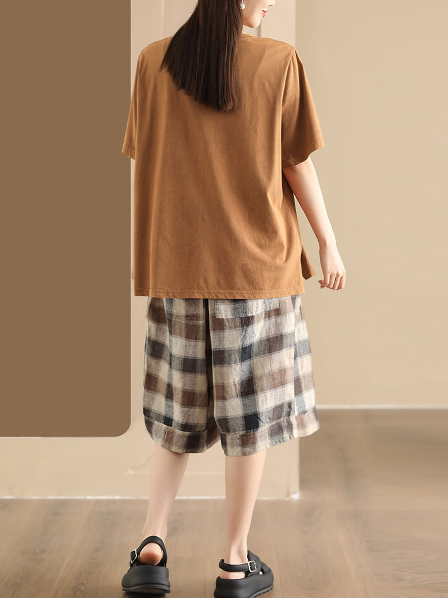 Women Summer Casual Plaid Linen Wide-leg Pants PP1028