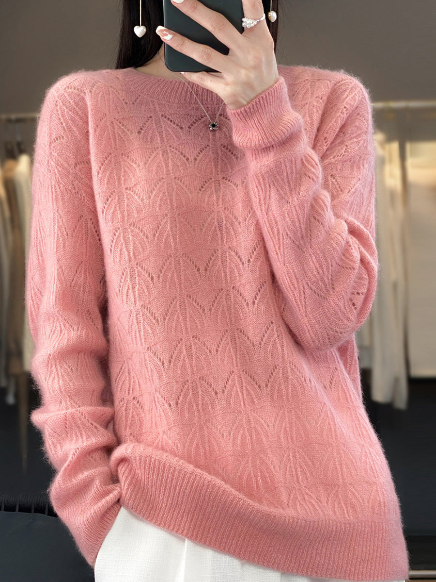 Women Autumn O-Neck Wool Hollow Out Knit Sweater AX1078