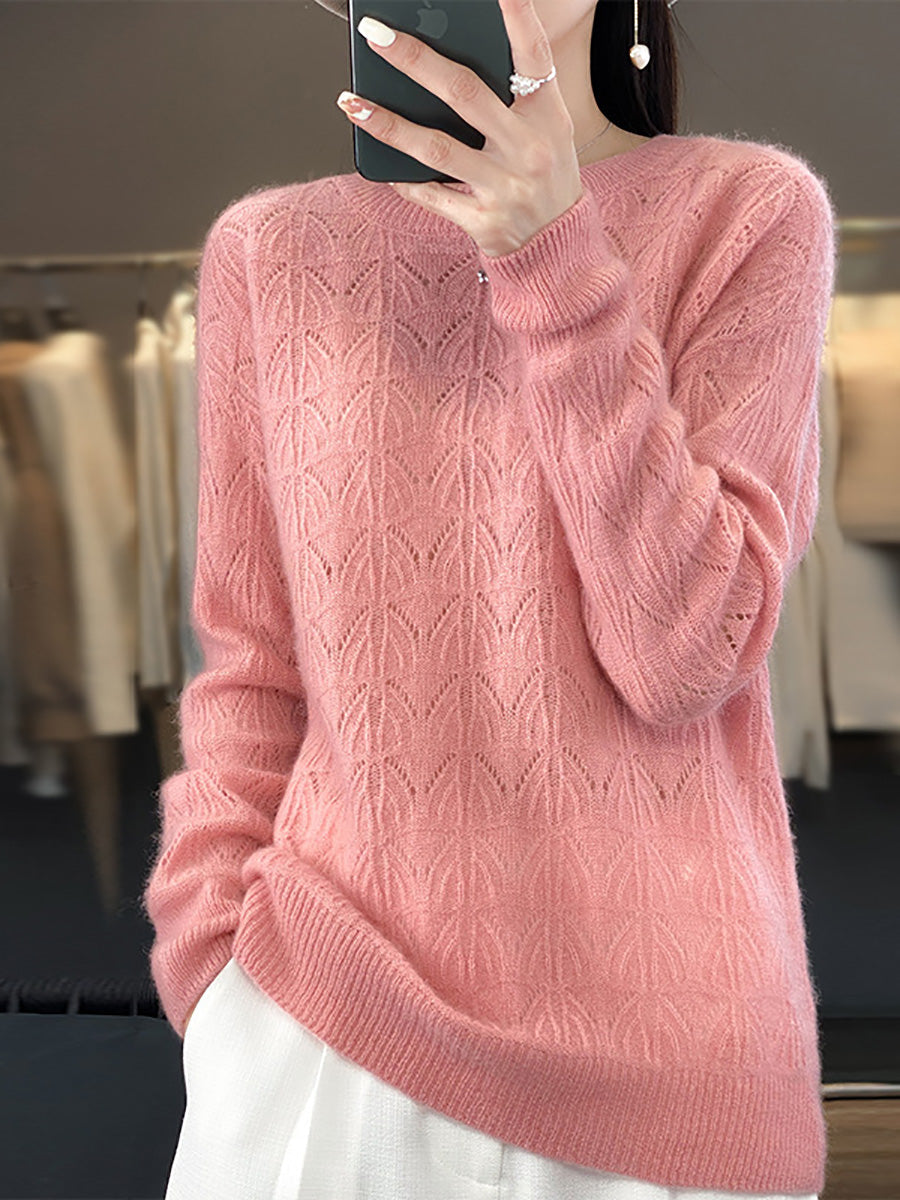 Women Autumn O-Neck Wool Hollow Out Knit Sweater AX1078